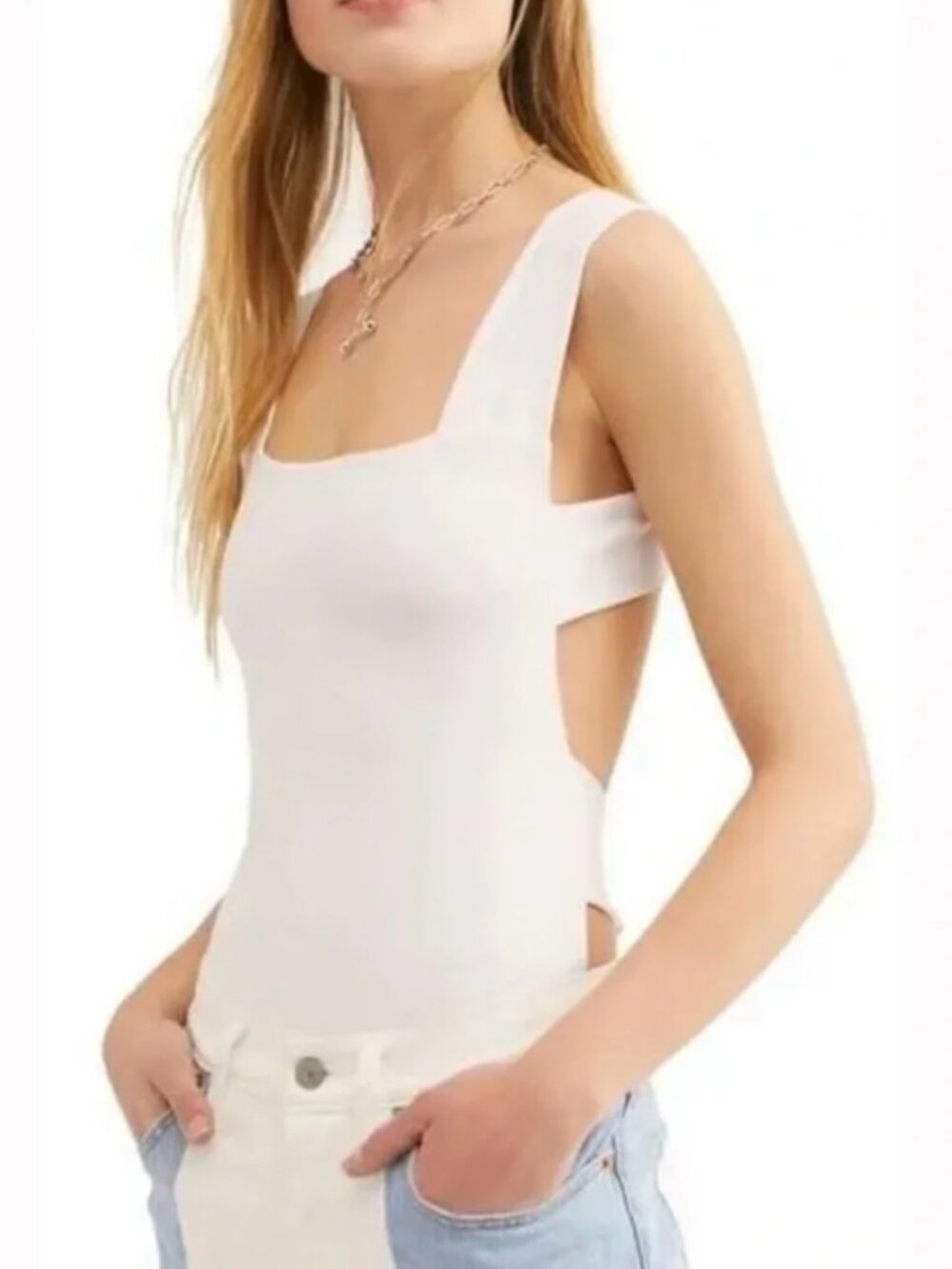 Free People Square Neck Cutout Bodysuit White Size L NWT